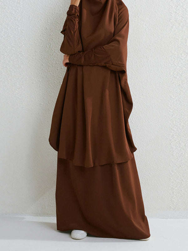Batwing Sleeves Long Sleeves Muslim Solid Color High Neck Shirts Top + Skirts Bottom Two Pieces Set