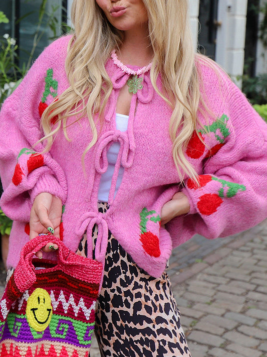 Long Sleeves Loose Contrast Color Jacquard Tied Round-Neck Cardigan Tops