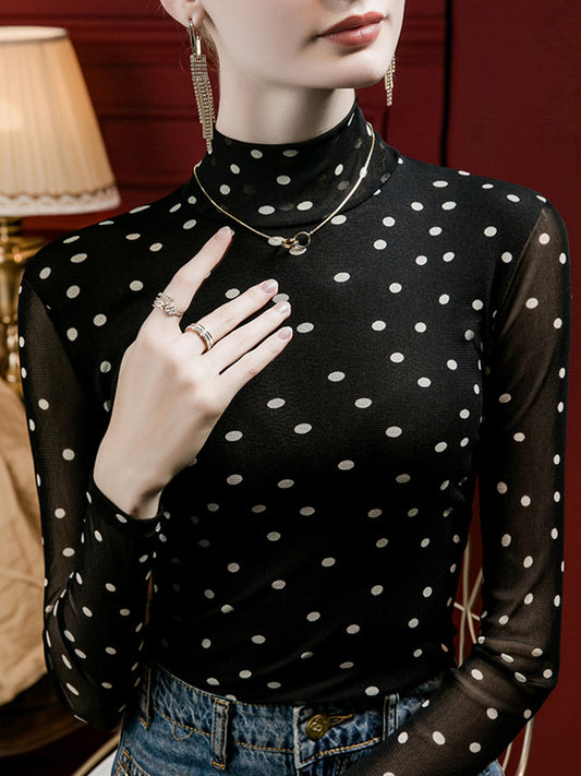 Long Sleeves Plus Size Polka-Dot Mock Neck T-Shirts Tops