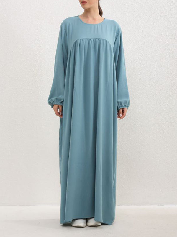 Long Sleeves Loose Pleated Solid Color Split-Joint Round-Neck Maxi Dresses