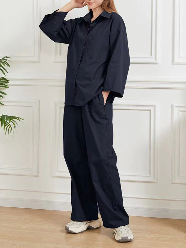 Loose Solid Color Split-Joint Long Sleeves Lapel Blouse + Pants Two Pieces Set