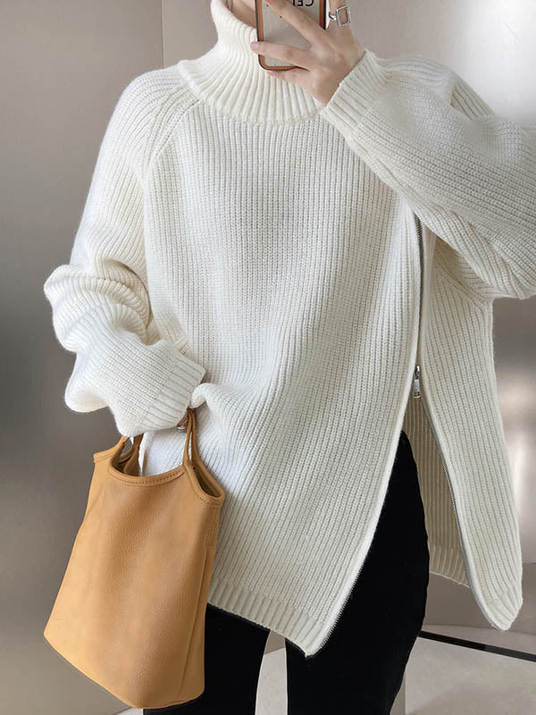 Long Sleeves Loose Split-Joint Split-Side Zipper High Neck Sweater Tops