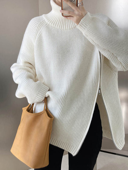Long Sleeves Loose Split-Joint Split-Side Zipper High Neck Sweater Tops