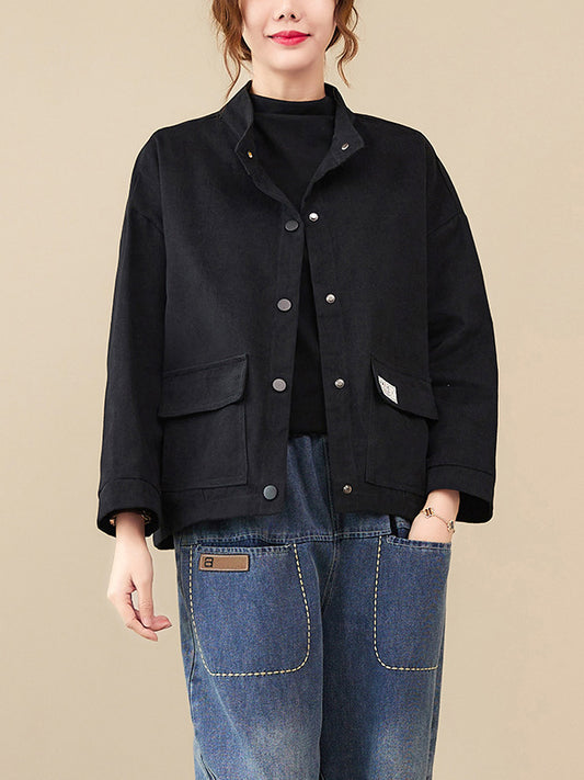 Vintage Long Sleeves Loose Buttoned Solid Color High-Neck Outerwear