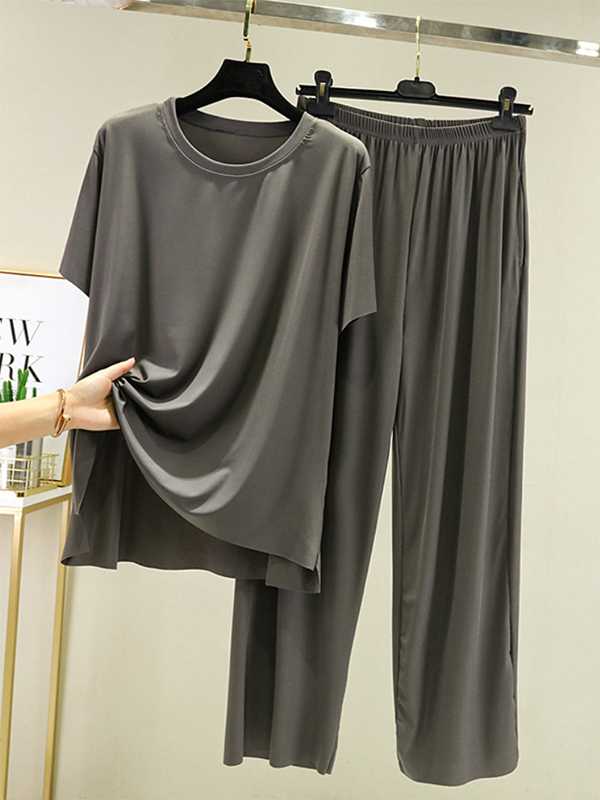 Casual Loose Short Sleeves Elasticity Solid Color Round-Neck Pajamas Set