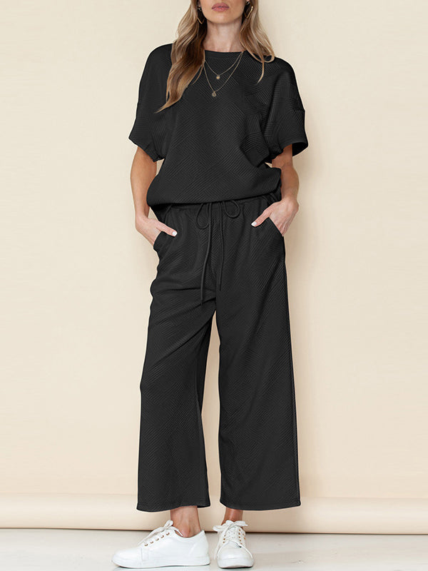 Loose Short Sleeves Solid Color Round-Neck T-Shirt Top + Drawstring Elasticity Pockets Pants Botttom Two Pieces Set