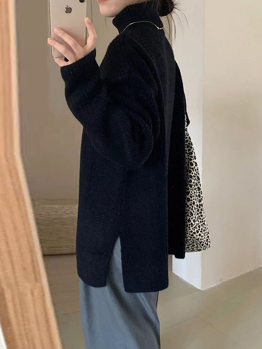 Long Sleeves Loose Solid Color Split-Joint Split-Side High Neck Sweater