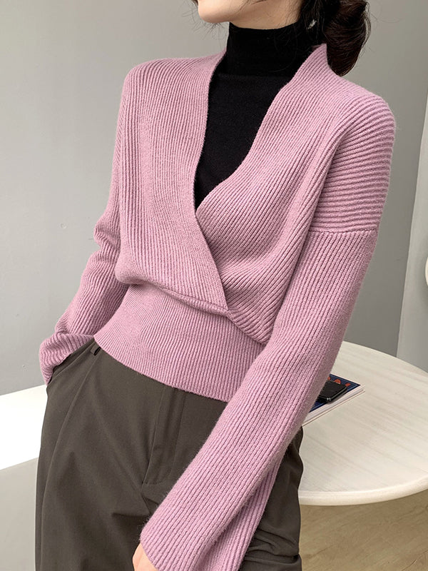 Long Sleeves Asymmetric Solid Color V-Neck Knitwear Pullovers Sweater