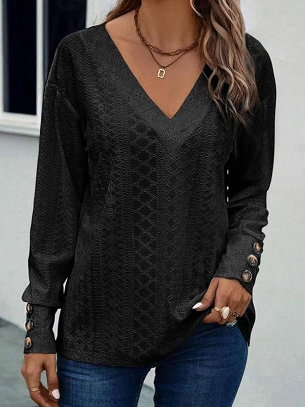 Long Sleeves Loose Buttoned Solid Color V-Neck T-Shirts Tops