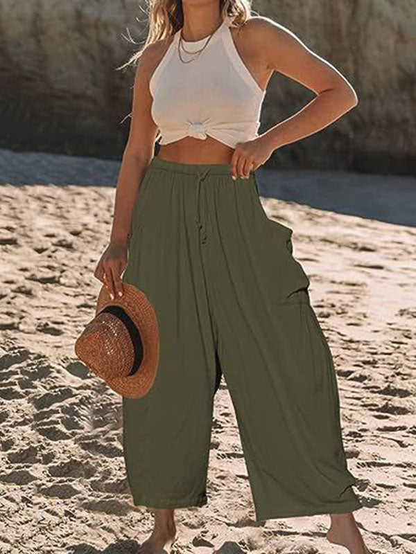 High Waisted Loose Drawstring Elasticity Pleated Pockets Solid Color Ninth Pants Trousers