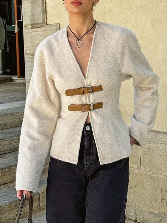 Long Sleeves Loose Buckle Split-Joint V-Neck Outerwear