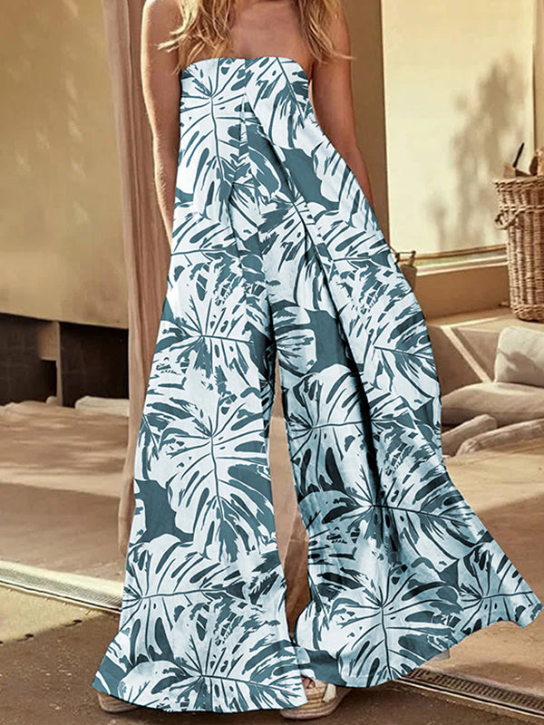 Loose Sleeveless Elasticity Leaves Print Pleated Pockets Tube Jumpsuits