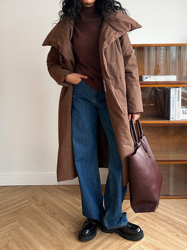 Long Sleeves Loose Split-Joint Tied Waist Lapel Padded Coat