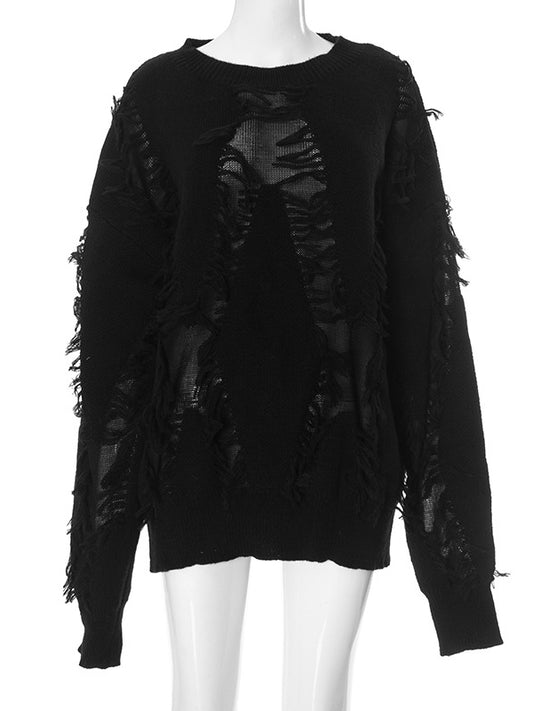 Long Sleeves Loose Solid Color Tasseled Round-Neck Pullovers Sweater Tops