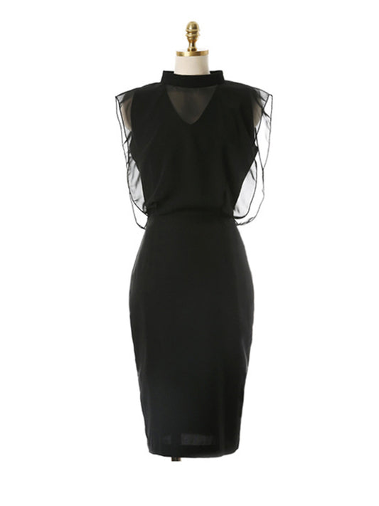 Loose Sleeveless Gauze Hollow See-Through Split-Joint Zipper Stand Collar Evening Dresses Midi Dresses