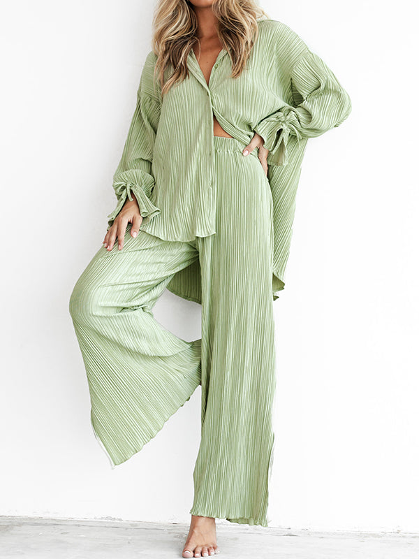 Flared Sleeves Long Sleeves Buttoned Drawstring Pleated Solid Color Split-Side Lapel Shirts Top + Pants Bottom Pajama Sets