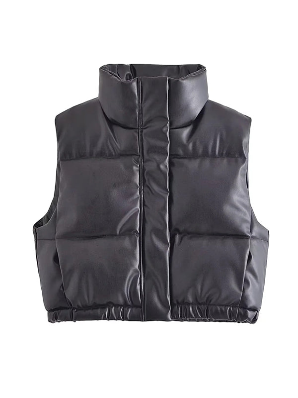 Skinny Sleeveless Drawstring Elasticity Solid Color Split-Joint Zipper Stand Collar Padded Vest