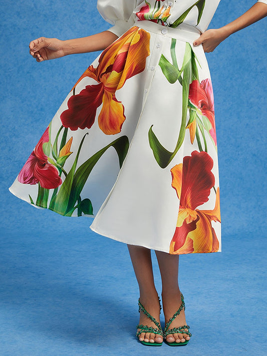 A-Line High Waisted Elasticity Floral Printed Pleated Split-Joint Skirts