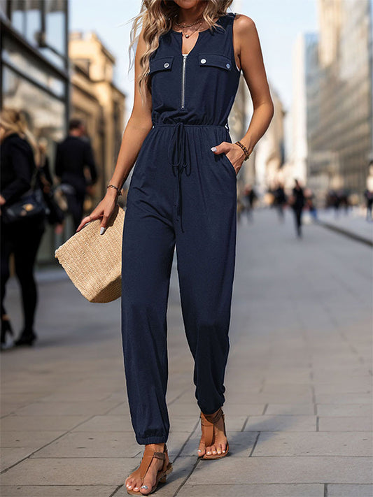 Sleeveless Solid Color Zipper V-Neck Jumpsuits