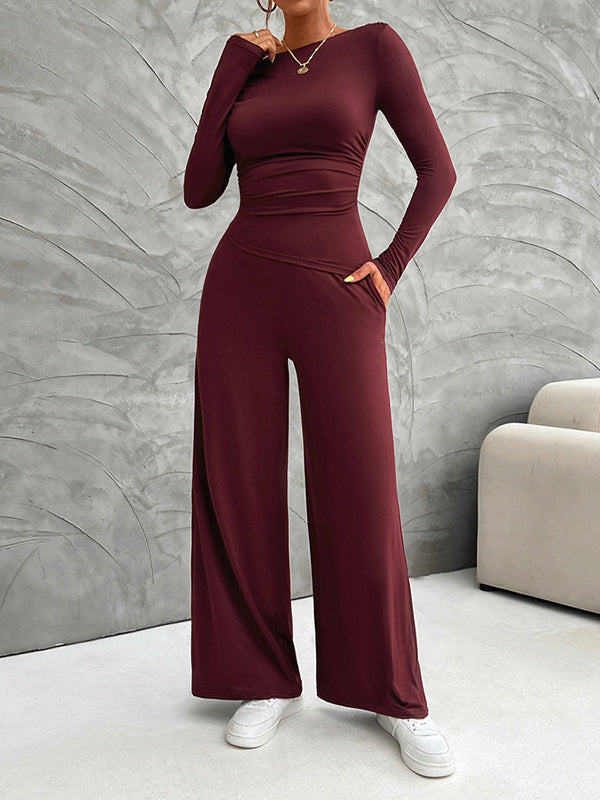 Solid Color Split-Joint Long Sleeves Skinny Pleated Boat Neck Asymmetric T-Shirt Top + Pockets Pants Bottom Two Pieces Set