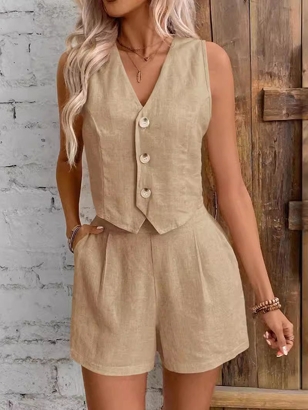 Sleeveless Split-Joint V-Neck Vest + High Waisted Pleated Shorts Two Pieces Set