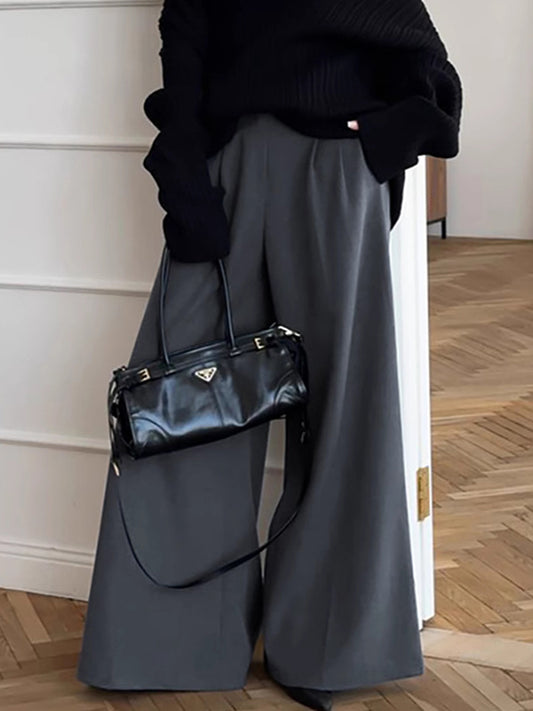 High Waisted Loose Pleated Pockets Solid Color Suit Pants Trousers