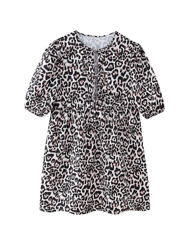 Loose Puff Sleeves Elasticity Hollow Lace-Up Leopard Pleated Printed Split-Joint Round-Neck Blouses&Shirts Tops