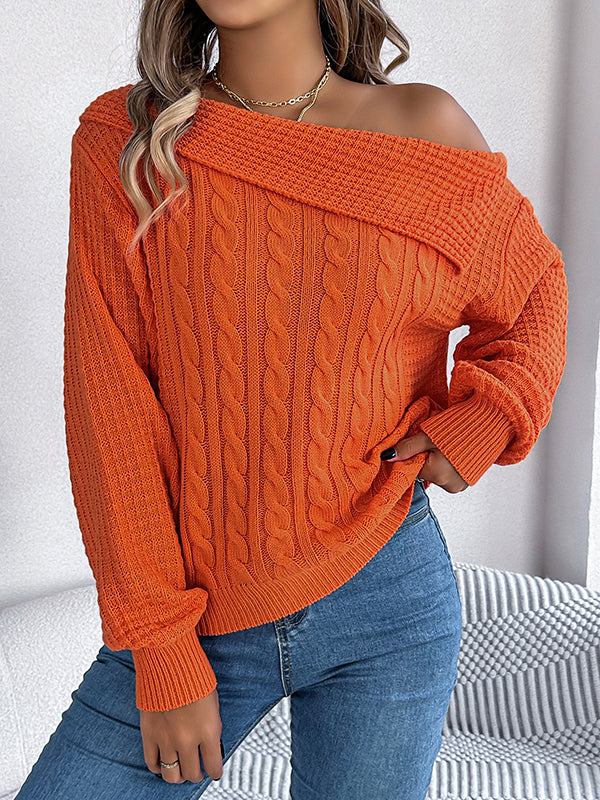 Long Sleeves Loose Asymmetric Solid Color Split-Joint One-Shoulder Pullovers Sweater Tops