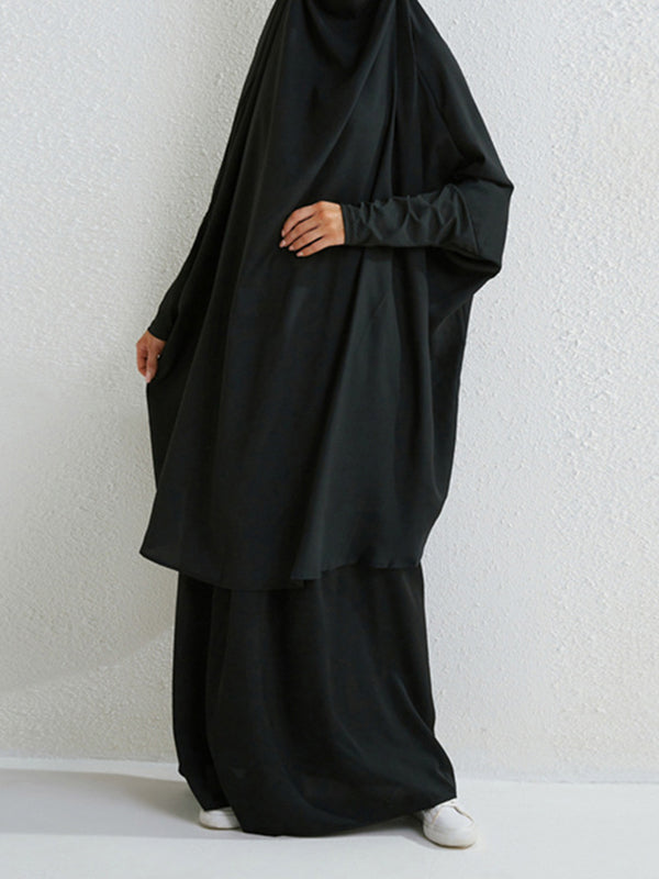 Batwing Sleeves Long Sleeves Muslim Solid Color High Neck Shirts Top + Skirts Bottom Two Pieces Set