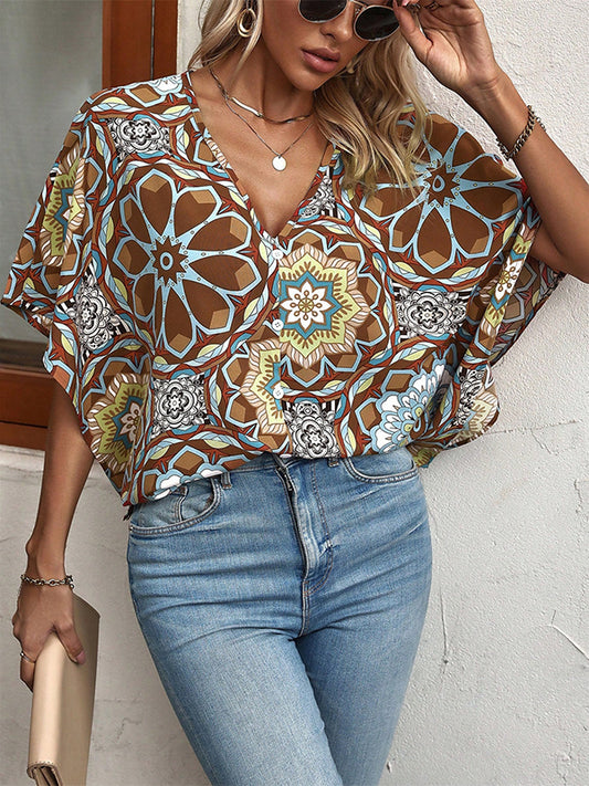Batwing Sleeves Loose Buttoned Flower Print V-Neck Blouses&Shirts Tops