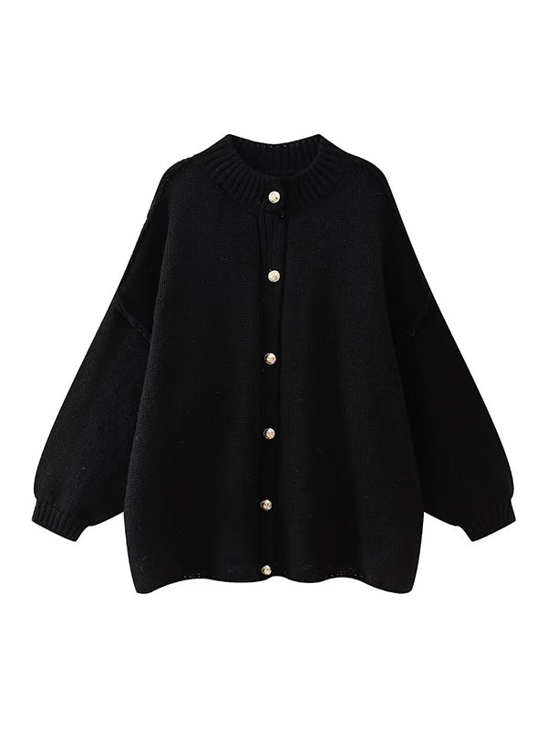 Loose Puff Sleeves Buttoned Split-Joint Round-Neck Cardigan Tops
