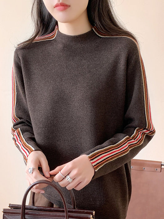 Long Sleeves Loose Contrast Color Striped Mock Neck Pullovers Sweater Tops