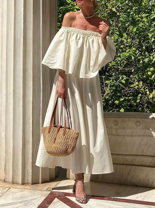 Half Sleeves Loose Elasticity Pleated Solid Color Split-Joint Off-The-Shoulder Maxi Dresses