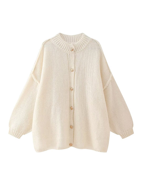 Loose Puff Sleeves Buttoned Split-Joint Round-Neck Cardigan Tops