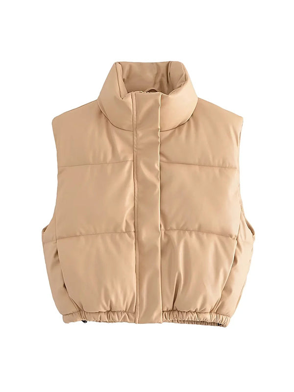 Skinny Sleeveless Drawstring Elasticity Solid Color Split-Joint Zipper Stand Collar Padded Vest