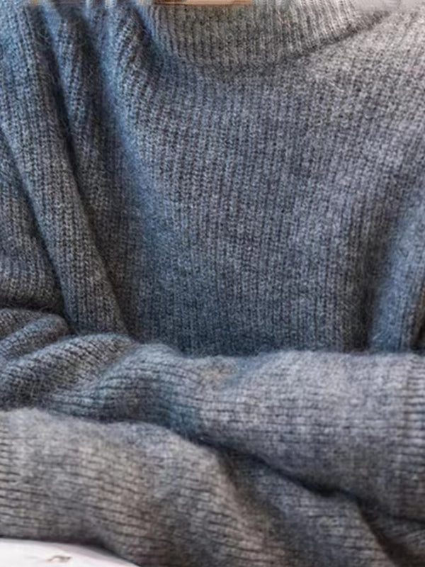 Long Sleeves Loose Solid Color Round-Neck Pullovers Sweater Tops