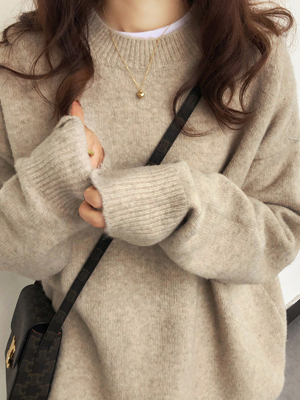Simple Loose Long Sleeves Round-Neck Sweater Tops Pullovers