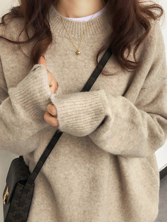 Simple Loose Long Sleeves Round-Neck Sweater Tops Pullovers