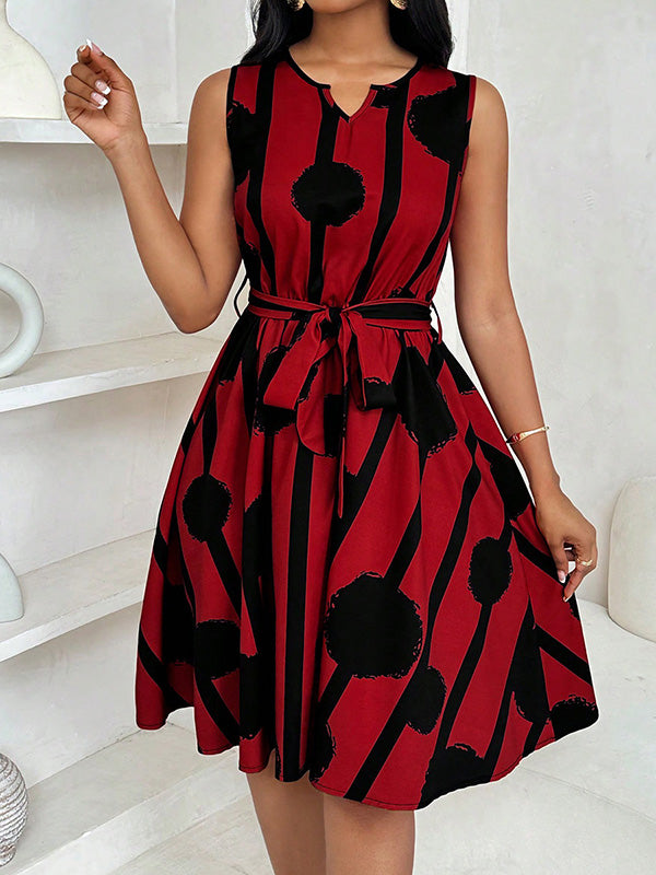 A-Line Loose Contrast Color Tied Waist Round-Neck Mini Dresses