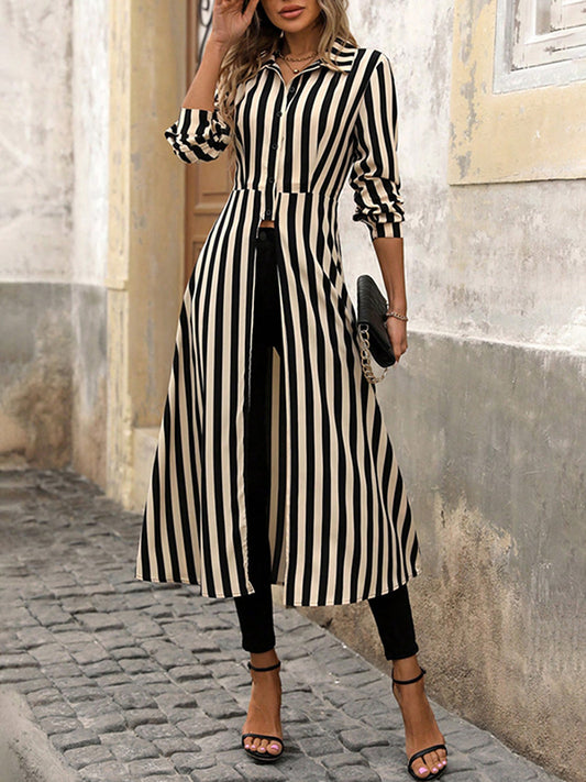Long Sleeves Loose Buttoned Split-Front Split-Joint Striped Lapel Blouses&Shirts Tops