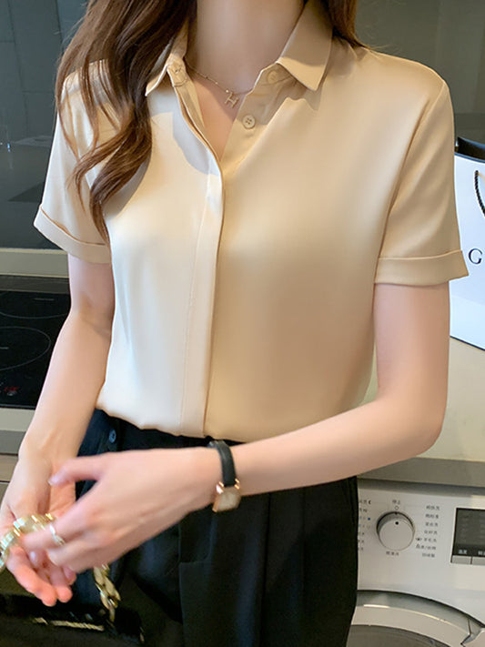 Loose Short Sleeves Buttoned Solid Color Split-Joint Lapel Blouses&Shirts Tops