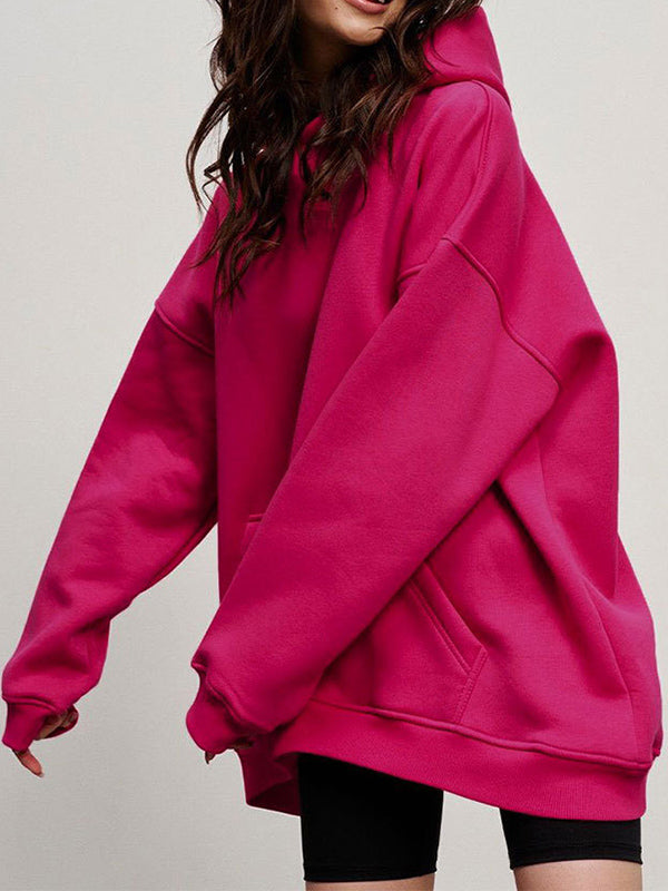 Long Sleeves Loose Pockets Solid Color Velvet Hooded Hoodies Tops