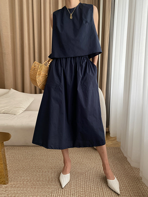 Loose Solid Color Round-Neck Vest + High Waisted  Skirt Two Pieces Set