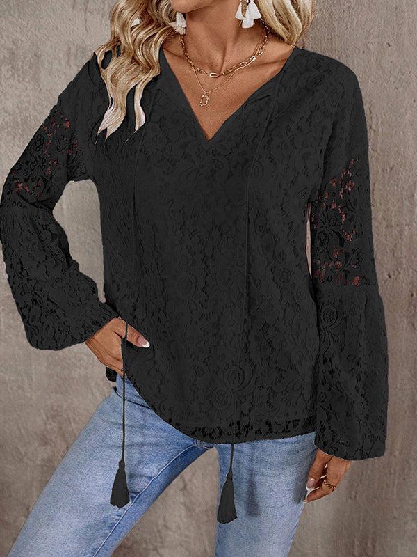 Long Sleeves Loose Elasticity Hollow Solid Color Tasseled V-Neck Blouses&Shirts Tops