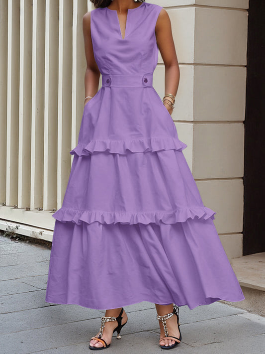 A-Line High Waisted Buttoned Pleated Pockets Solid Color Split-Joint V-Neck Maxi Dresses