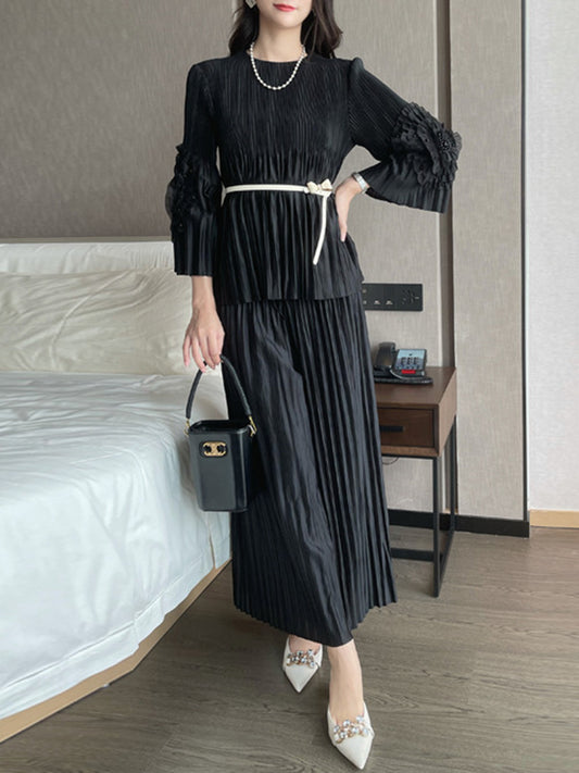 Loose Beaded Belted Pleated Split-Joint Round-Neck T-Shirt Top + Ninth Pants Bottom Two Pieces Set