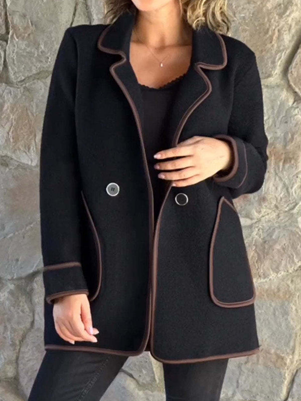 Long Sleeves Loose Buttoned Pockets Split-Joint Notched Collar Woolen Coat