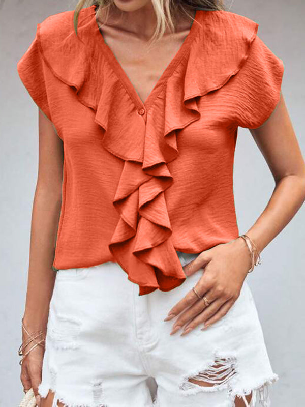 Batwing Sleeves Loose Ruffle Trim Solid Color V-Neck Blouses&Shirts Tops