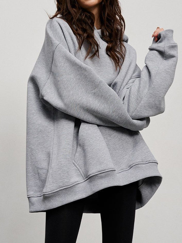 Long Sleeves Loose Pockets Solid Color Velvet Hooded Hoodies Tops