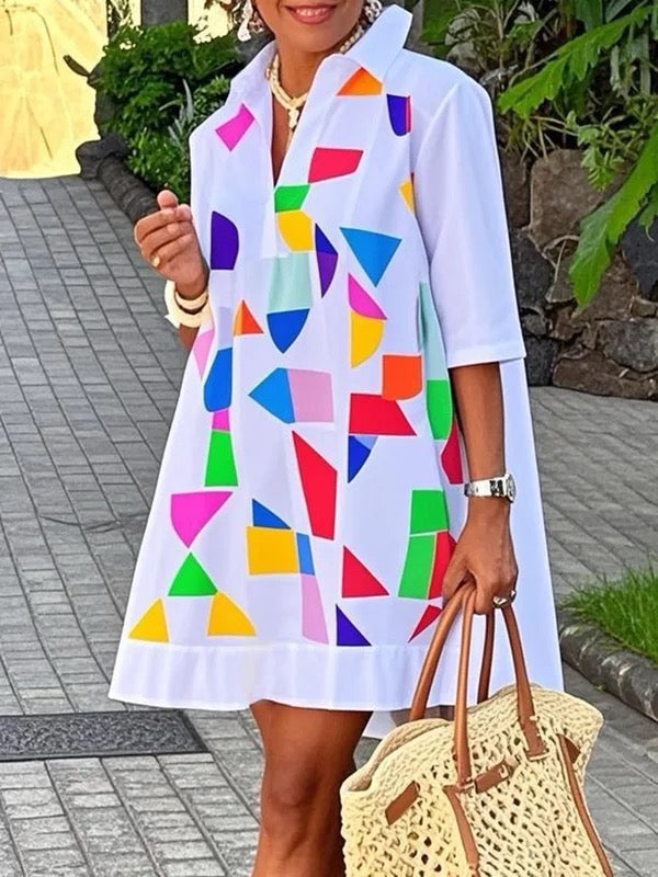 A-Line Half Sleeves Contrast Color Stand Collar Mini Dresses